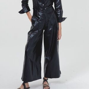 NEW LANHTROPY Black Culotte Metallic Linen Pant High Waist Shiny Small $286